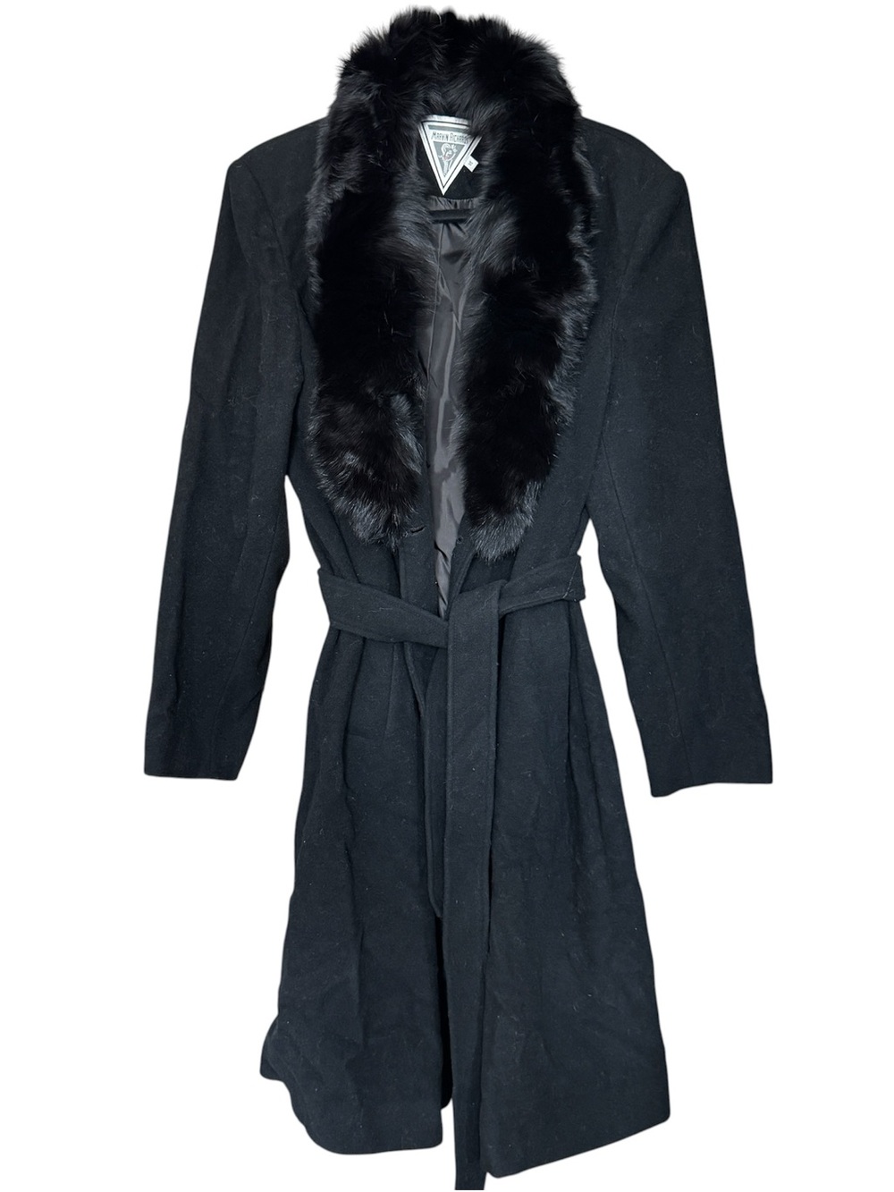 Vintage Marvin Richards Black Wool Fox Fur Collar Wrap Coat Sz 14